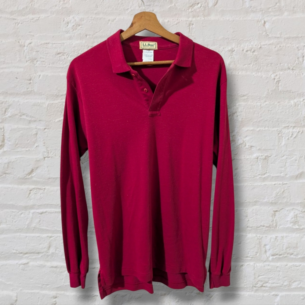 Men's Vintage L.L. Bean Maroon Large Long Sleeve Polo Shirt - Made in USA